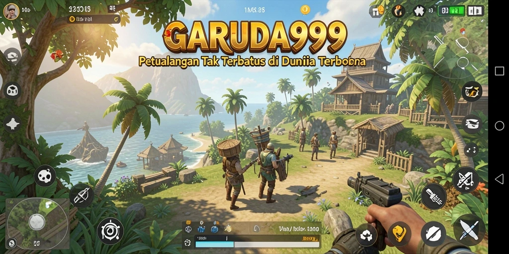 Screenshot menunjukkan pemain menjelajahi dunia terbuka GARUDA999.
