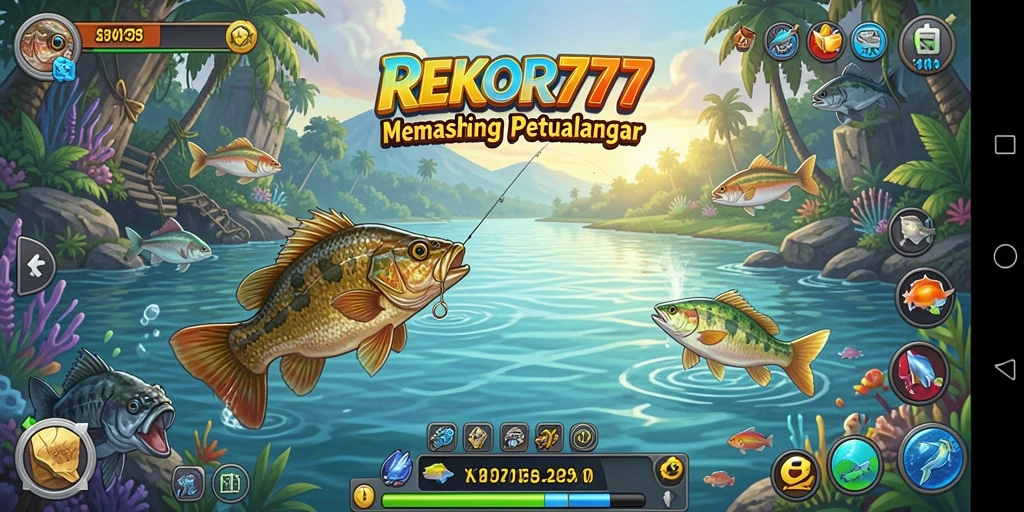 Screenshot gameplay REKOR777 menampilkan aksi memancing yang mendebarkan dan beragam ikan.