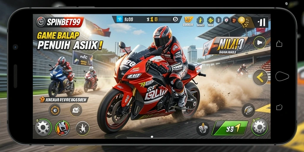 Screenshot gameplay SPINBET99 menampilkan balapan motor yang mendebarkan.